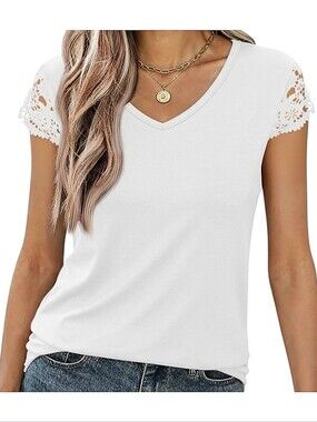 New Women's White V-Neck T-Shirt with Lace Cap Sleeves Size M